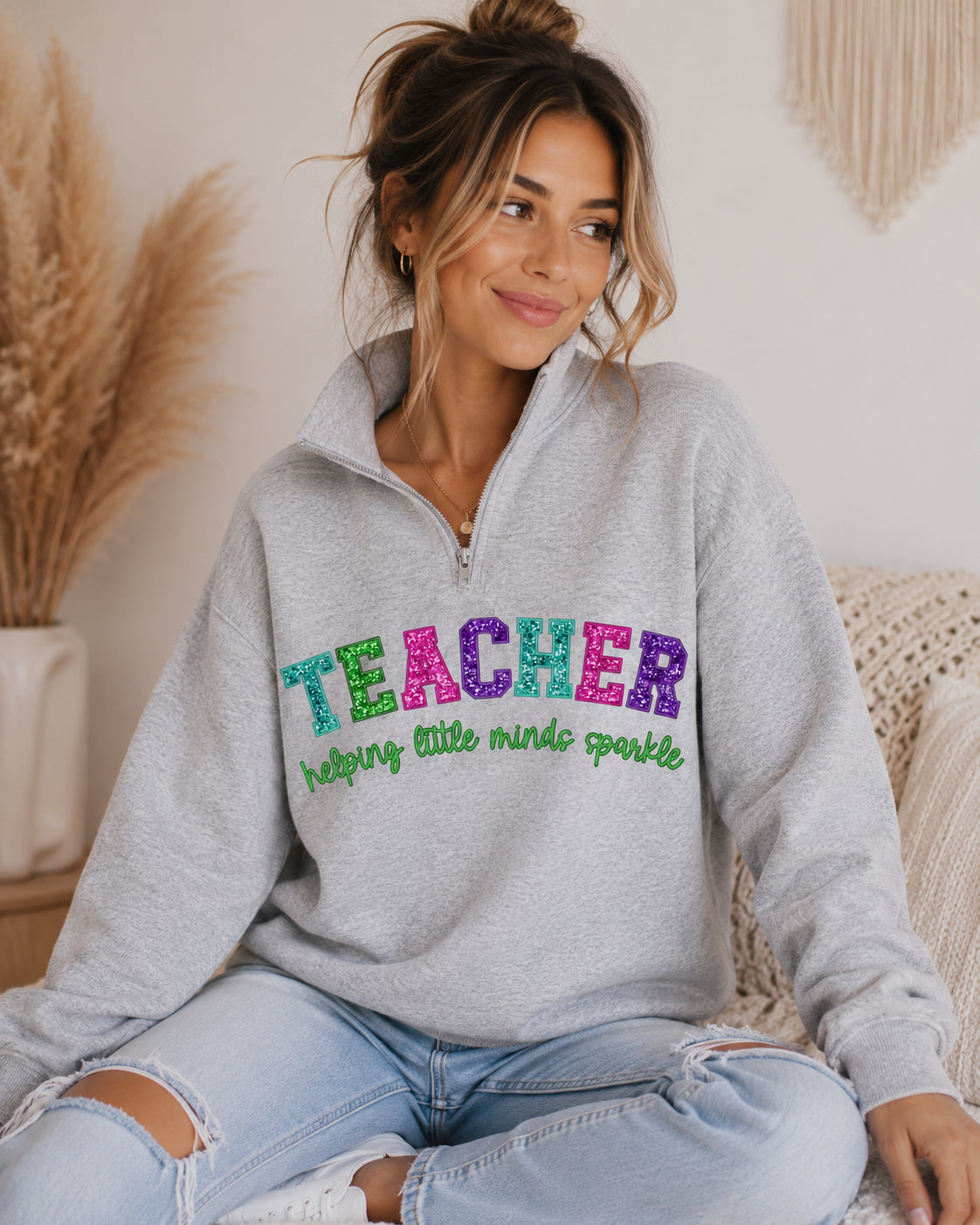 TEACHER helping little minds (3/4 Zip Sweatshirt)