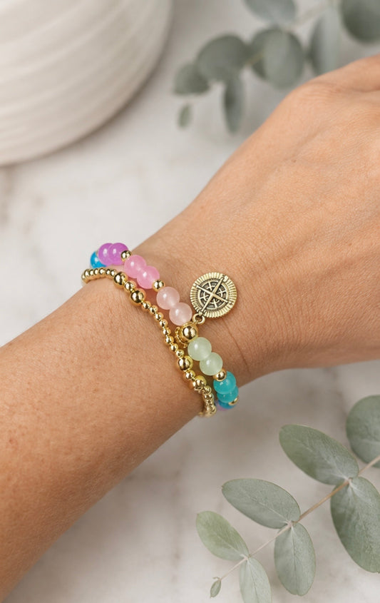 Golden Rainbow Compass Stretchable Stackable Bracelet Set