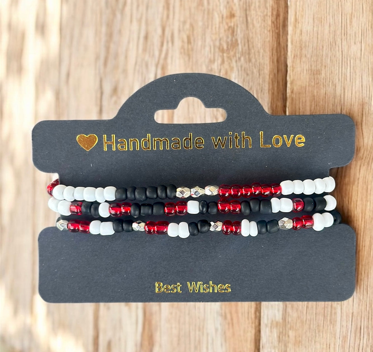 Red/Black/White; Silver Accents Stackable Bracelet Set