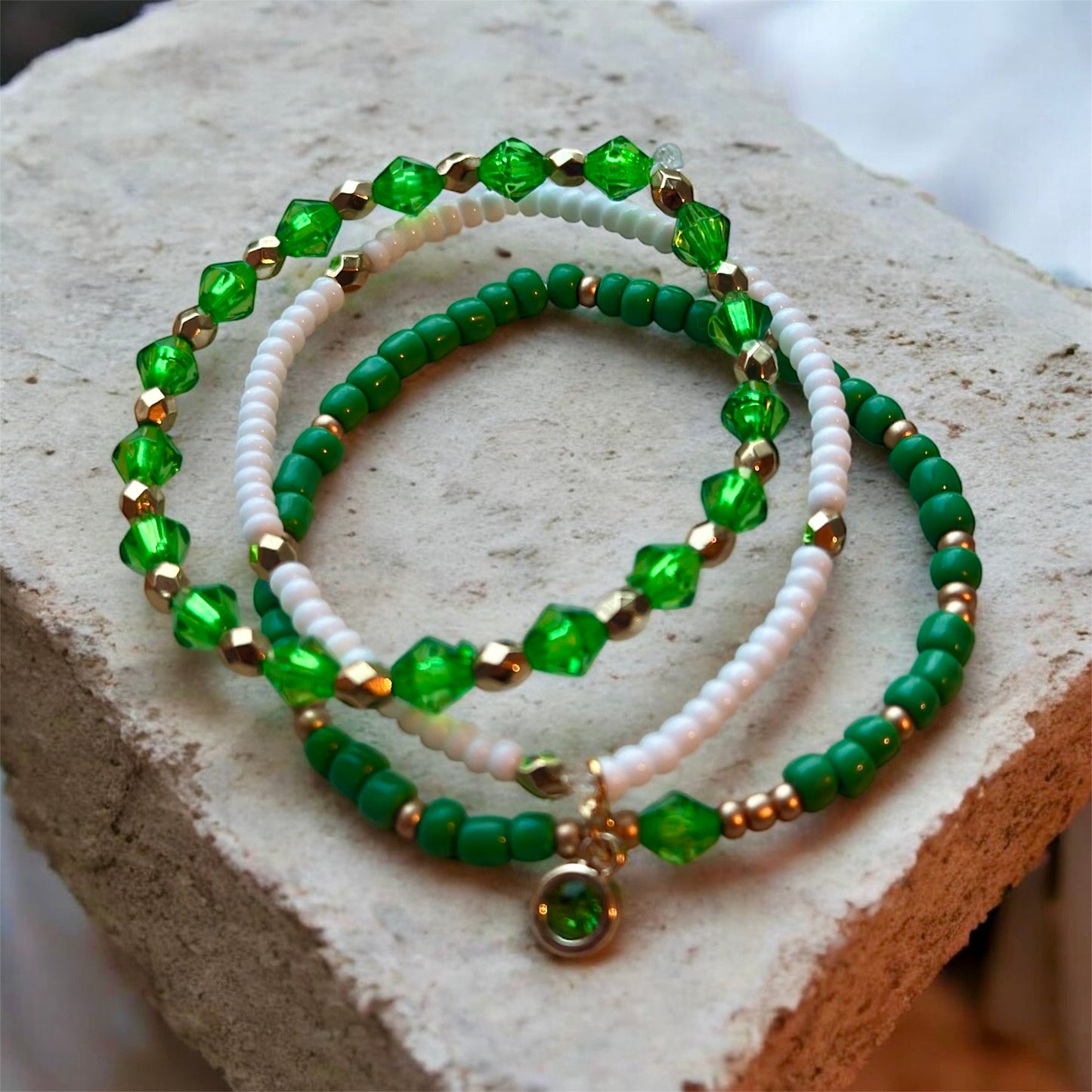 Green, White & Gold Stackable Bracelet Set