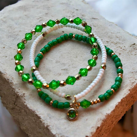 Green, White & Gold Stackable Bracelet Set