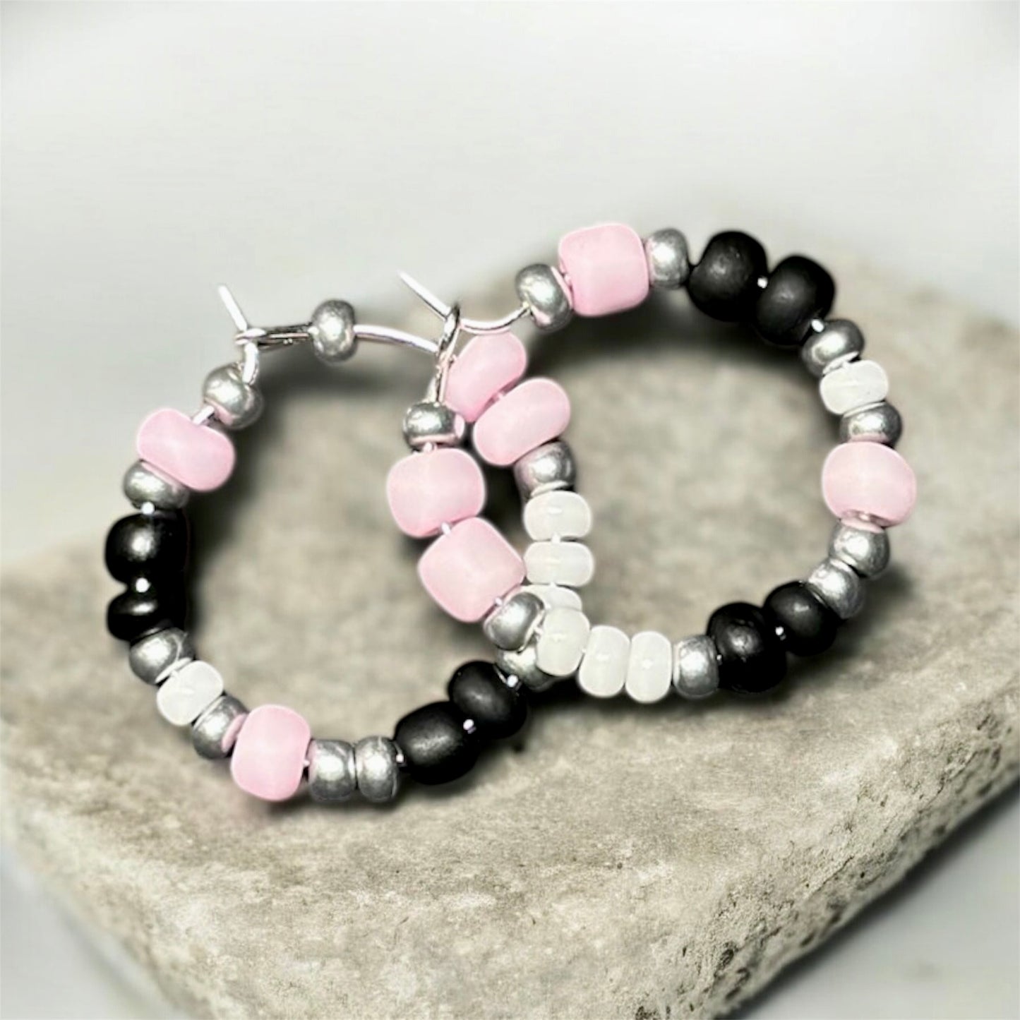 Pink, White & Black Beaded Hoop Earrings (Small)