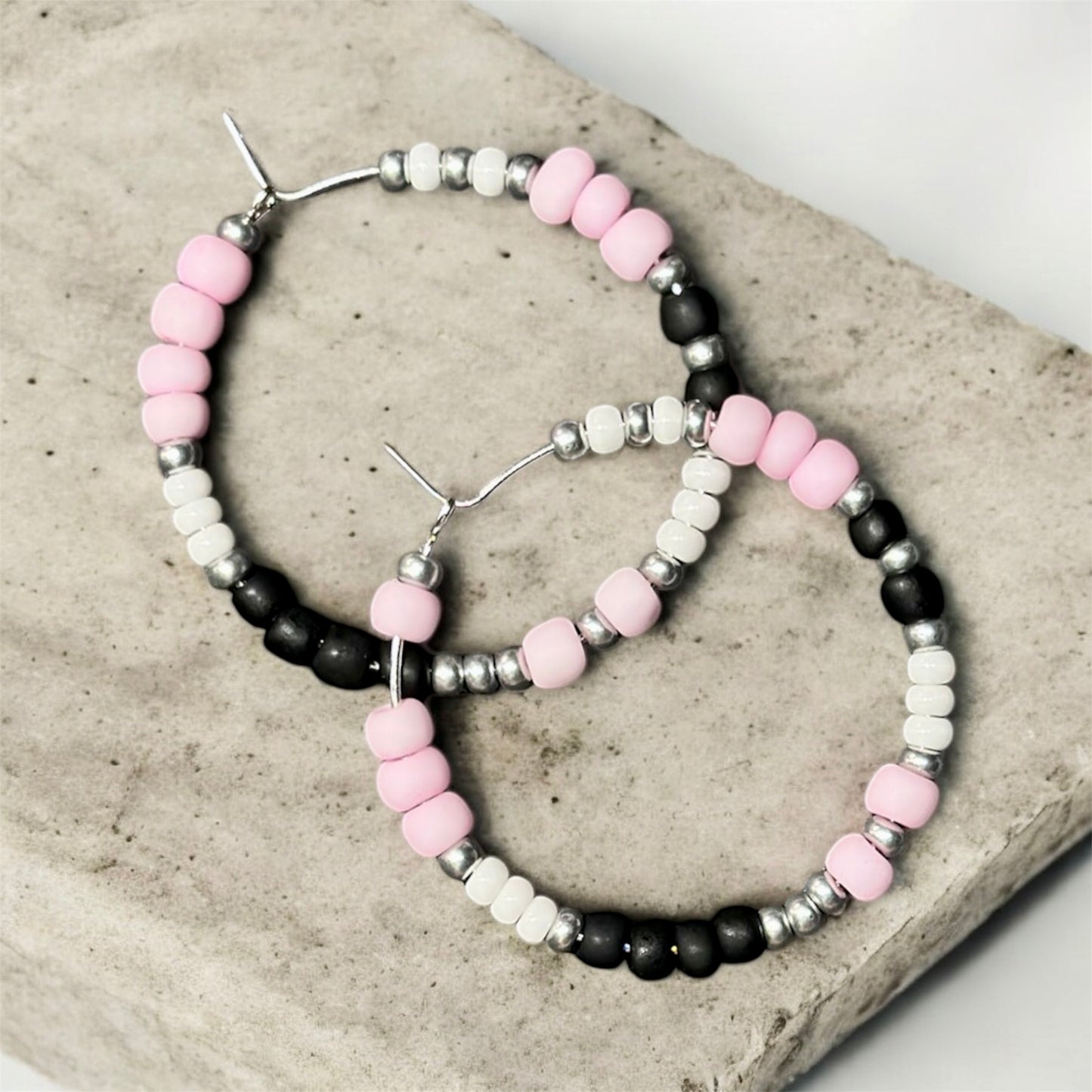 Pink, White & Black Beaded Hoop Earrings (Medium)
