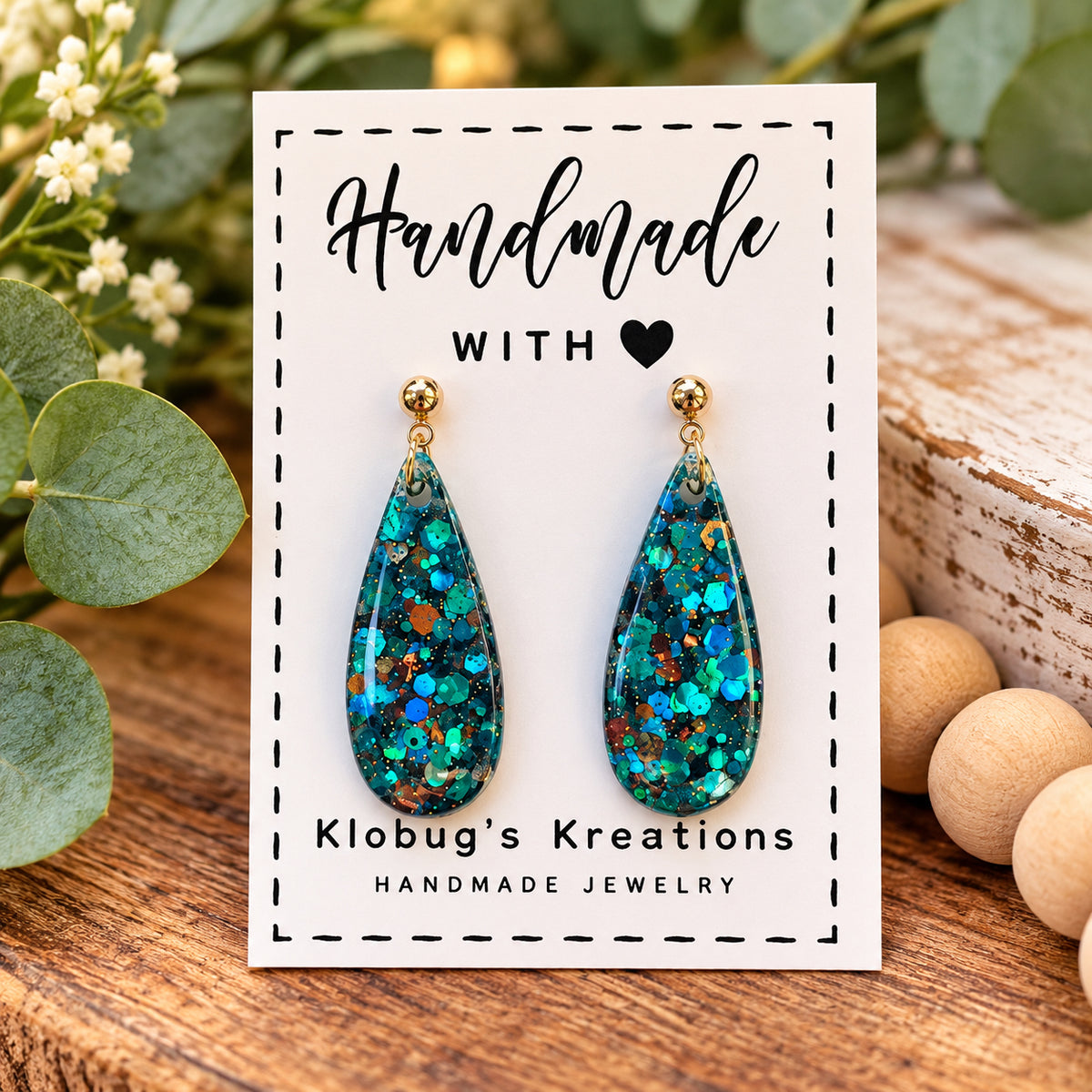 Sparkling Teal / Brown Teardrop Earrings