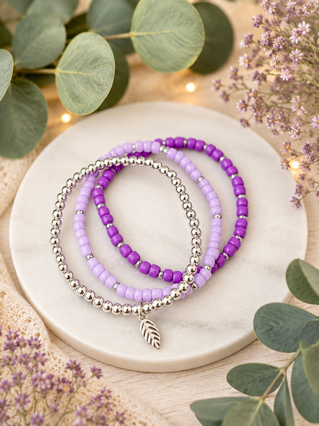 Purple / Silver Stretchable Stackable Bracelet Set