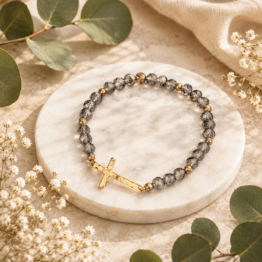Smoky Crystal and Gold Beaded Cross Stretchable Bracelet