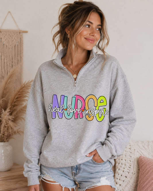 NURSE; heal,love,inspire (3/4 Zip Sweatshirt)