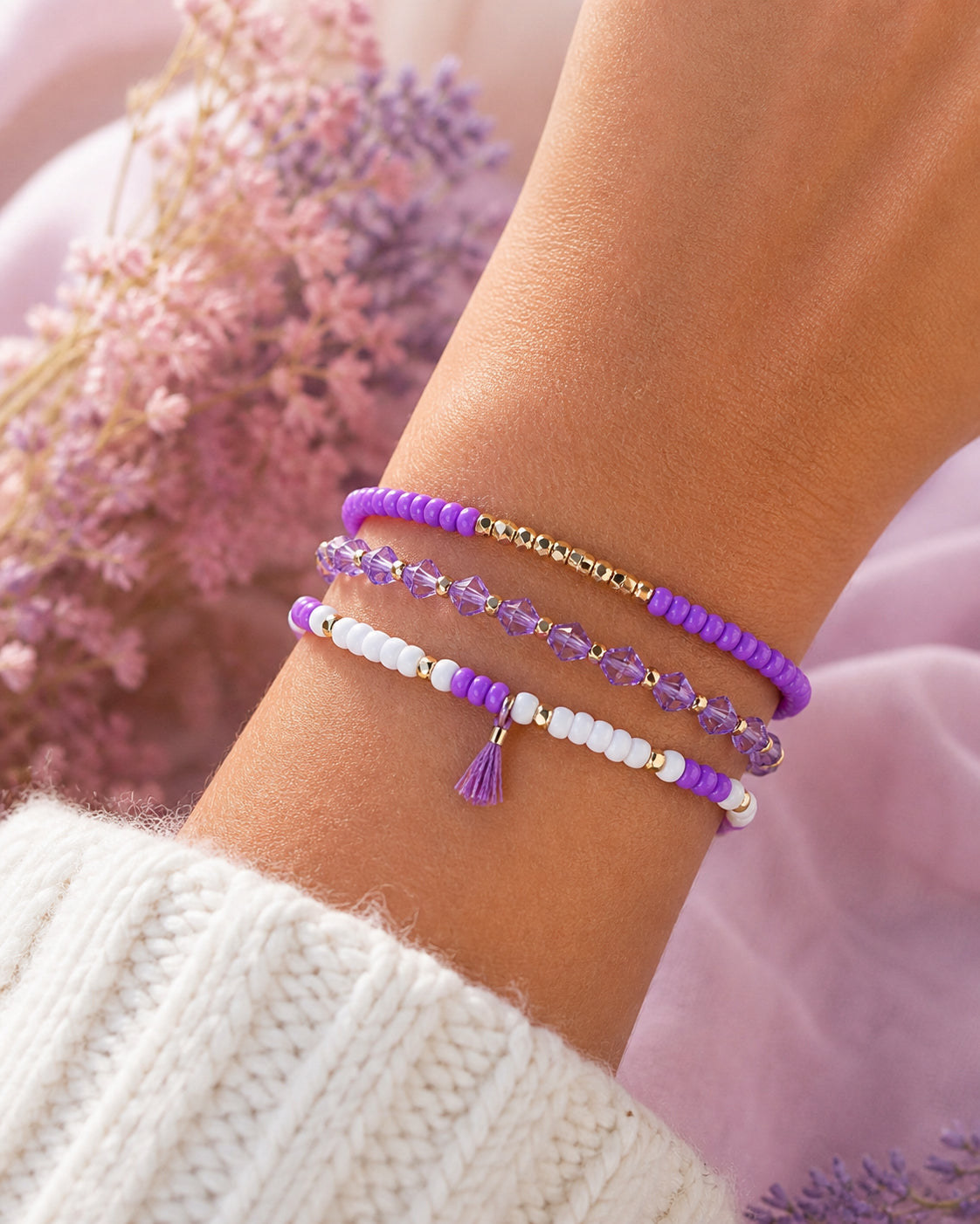 Purple / White with gold accents bracelet set