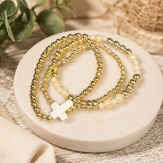 Golden Grace Cross Stretchable Stackable Bracelet Set