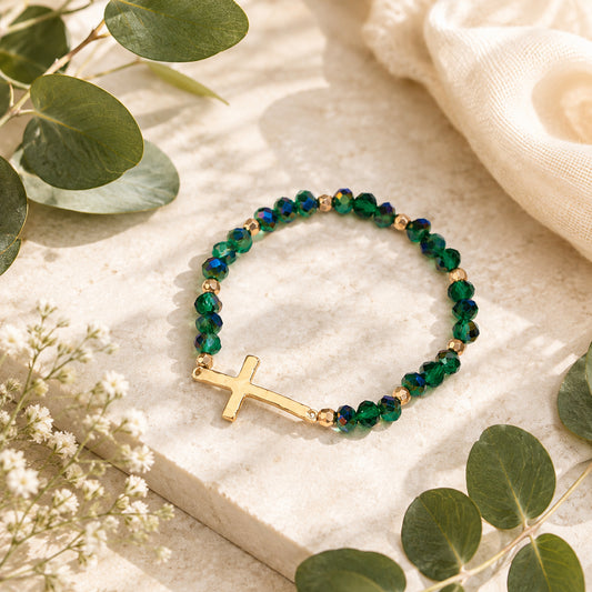 Emerald & Gold Beaded Cross Stretchable Bracelet