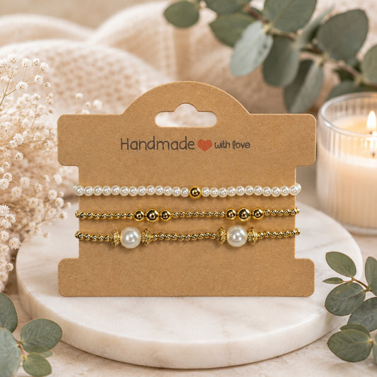 Classic Pearl & Gold Stretchable Stackable Bracelet Set