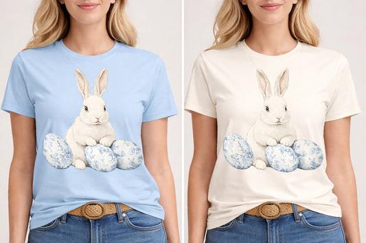 Easter Bunny with Blue Floral Pattern Eggs T-Shirt