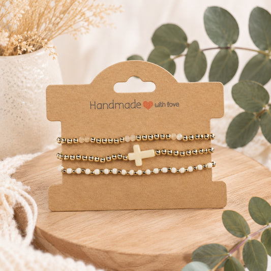 Gold and Ivory Cross Stretchable Stackable Bracelet Set