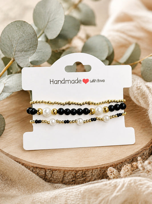 Black, Pearl, & Gold Stretchable Stackable Bracelet Set