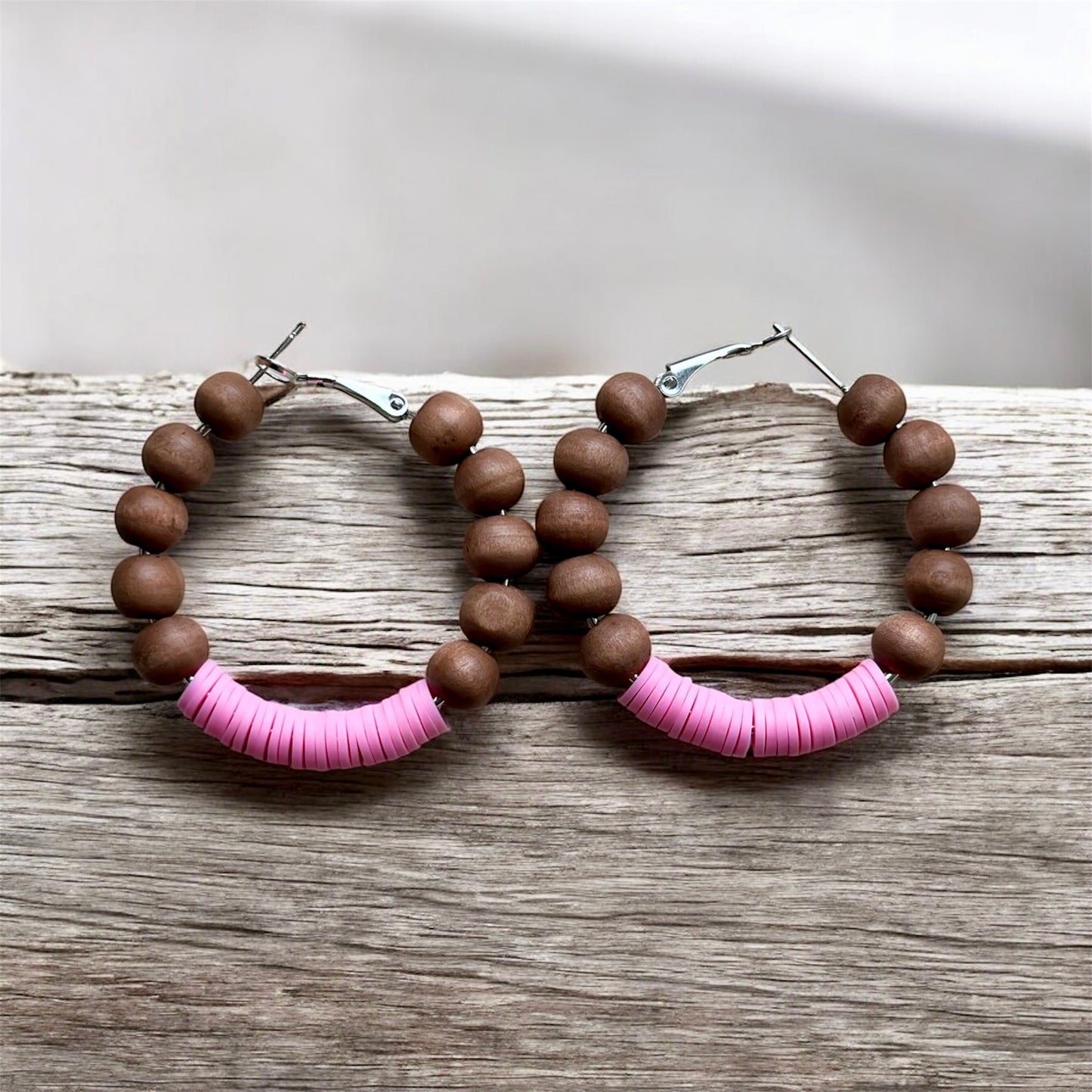 Pink & Wooden Beaded Hoop Earrings