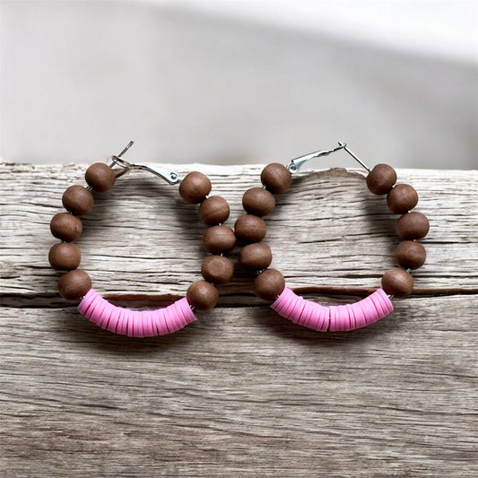 Pink & Wooden Beaded Hoop Earrings