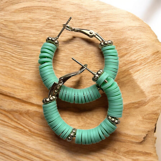 Mint Green Clay Beaded Hoop Earrings