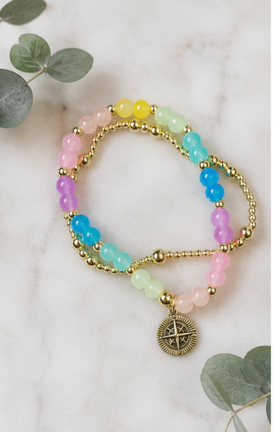 Golden Rainbow Compass Stretchable Stackable Bracelet Set