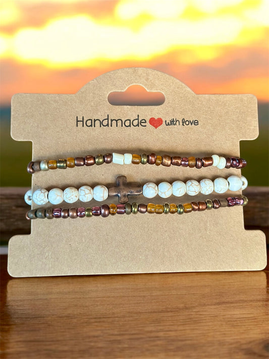 Natural brown and tan cross stackable bracelet set