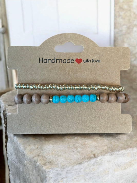 Turquoise and wooded beaded stackable bracelet set