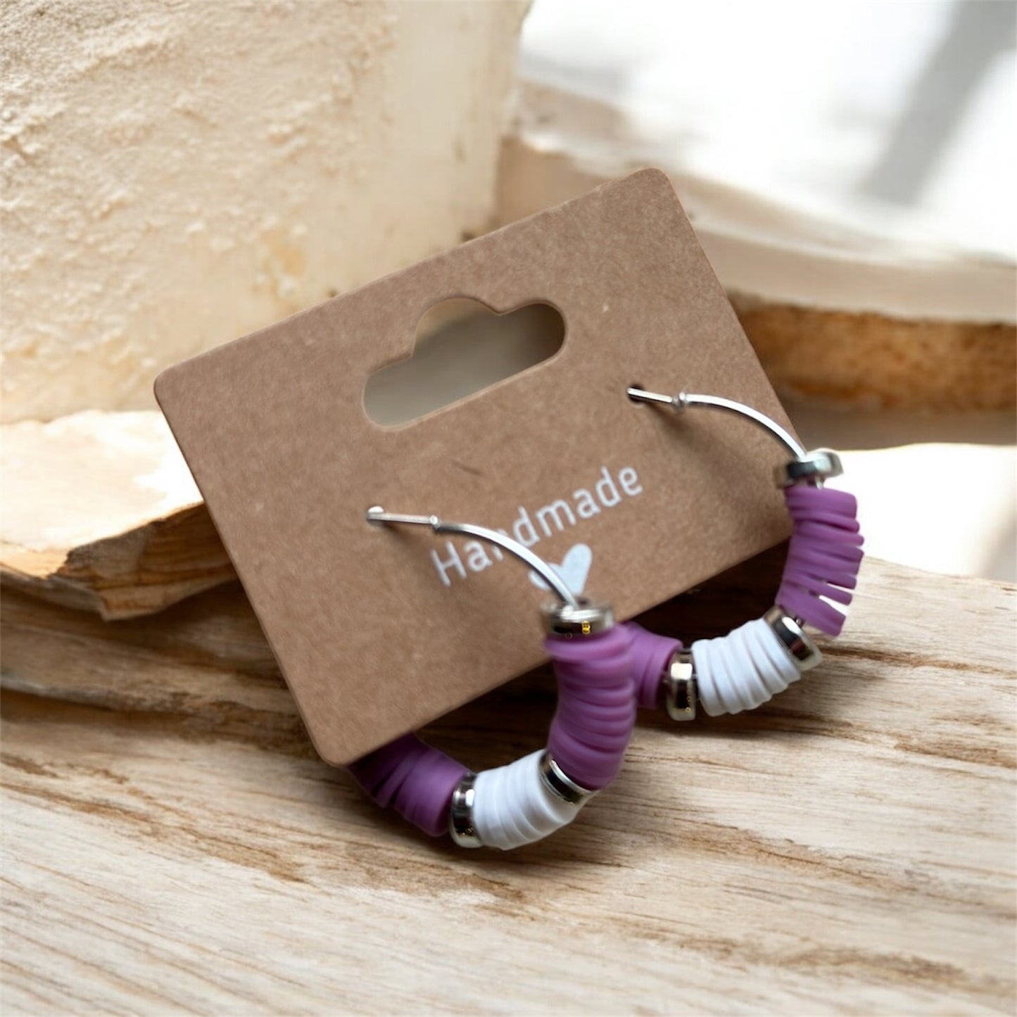 Purple/White Clay Bead Hoop Earrings