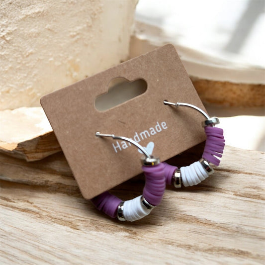 Purple/White Clay Bead Hoop Earrings