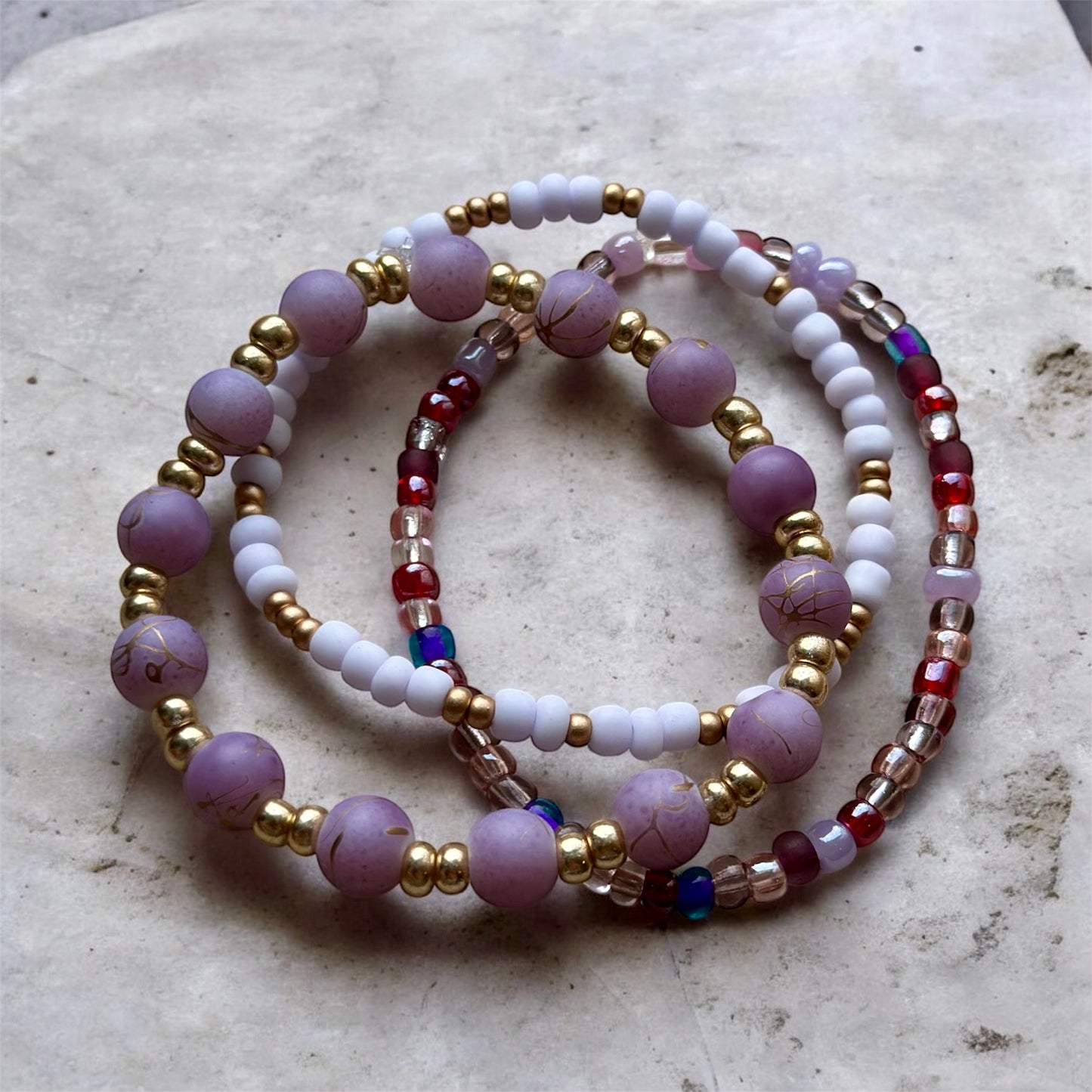 Purple, White & Gold Stackable Bracelet Set