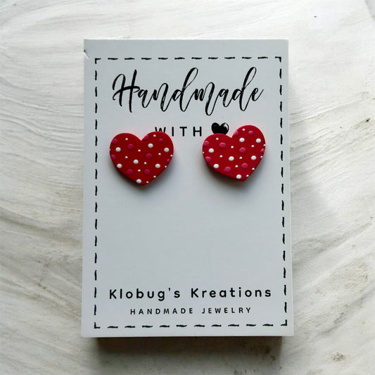 Red with White Speckles Heart Studs
