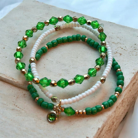 Green, White & Gold Stackable Bracelet Set
