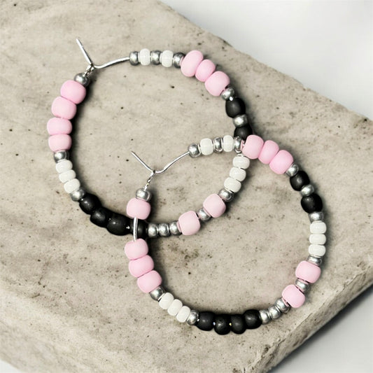 Pink, White & Black Beaded Hoop Earrings (Medium)