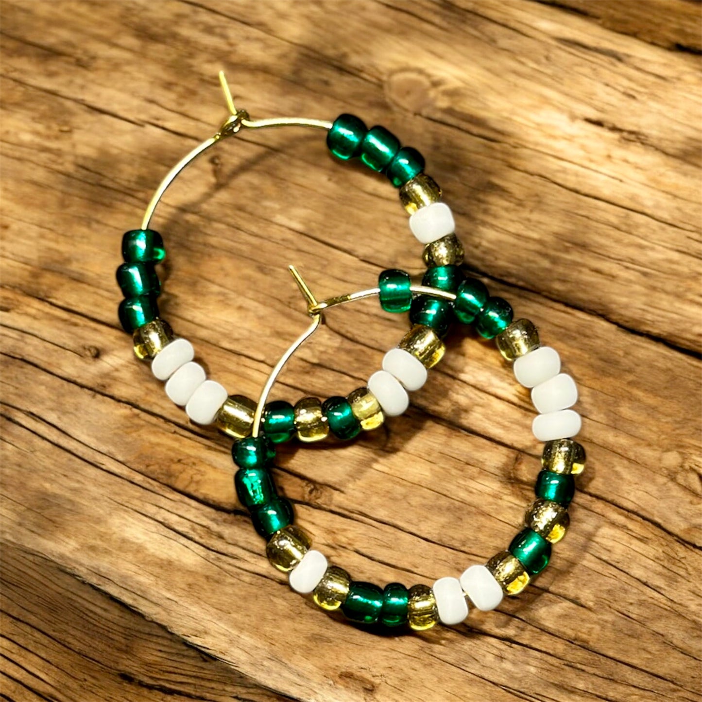 Green, Gold & White Beaded Hoops